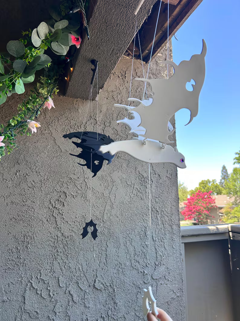 Flying Bat Duo — Black & White Hanging Halloween Mobile Set