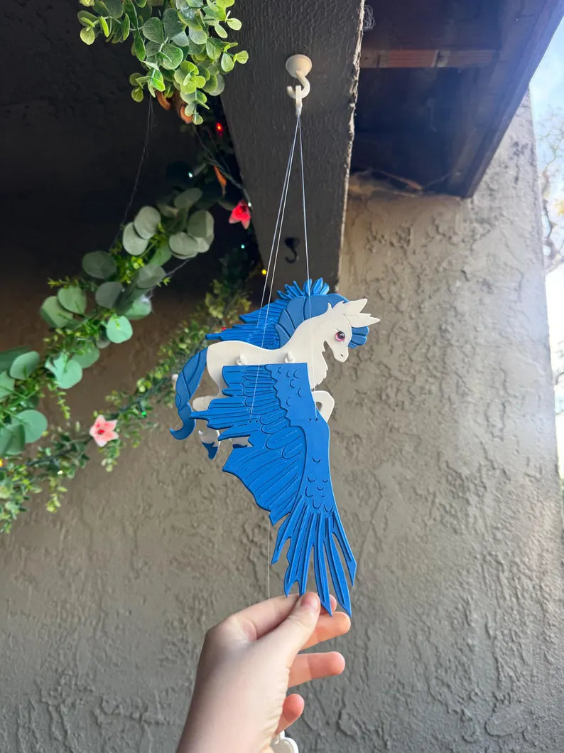 Flying Pegasus with Bright Blue Wings – Floating Hanging Mobile