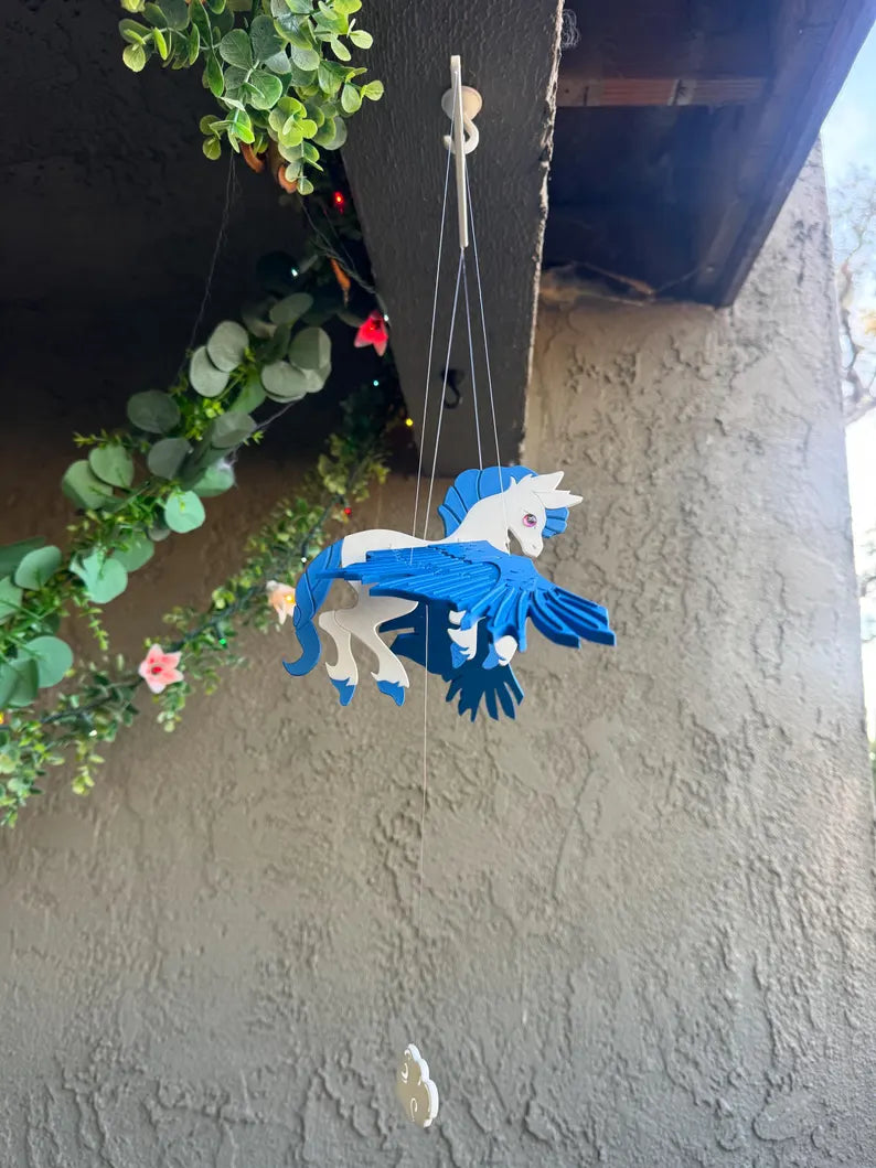 Flying Pegasus with Bright Blue Wings – Floating Hanging Mobile
