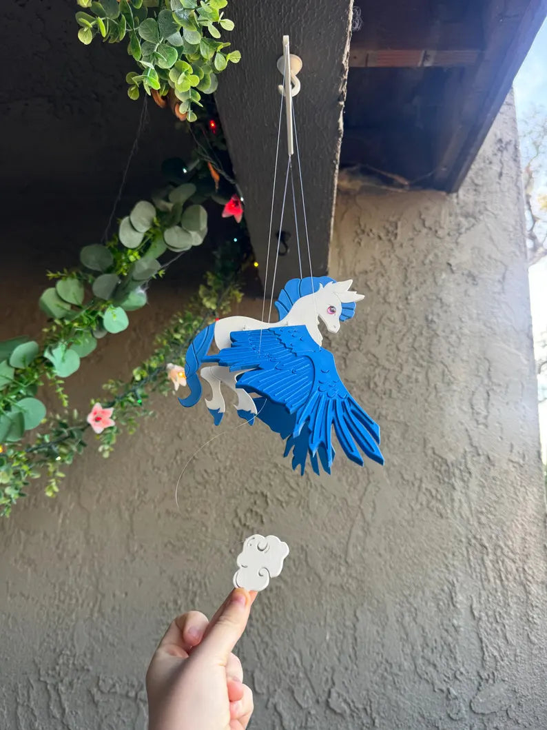 Flying Pegasus with Bright Blue Wings – Floating Hanging Mobile