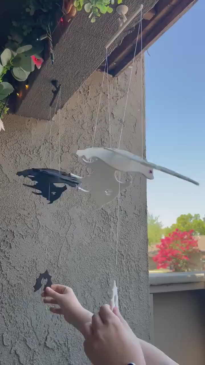 Flying Bat Duo — Black & White Hanging Halloween Mobile Set