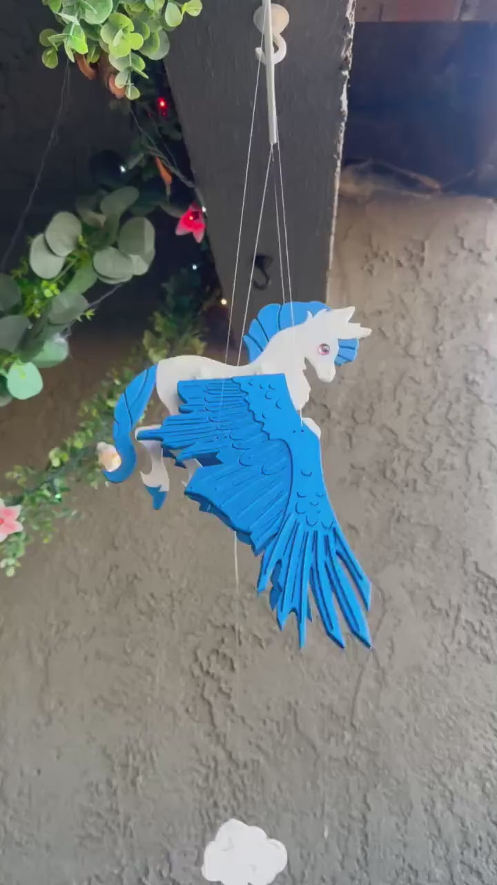 Flying Pegasus with Bright Blue Wings – Floating Hanging Mobile